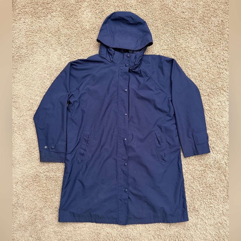 VTG L.L. Bean Mesh Lined All Weather Hooded Midi Trench Rain Coat Womens XL Blue